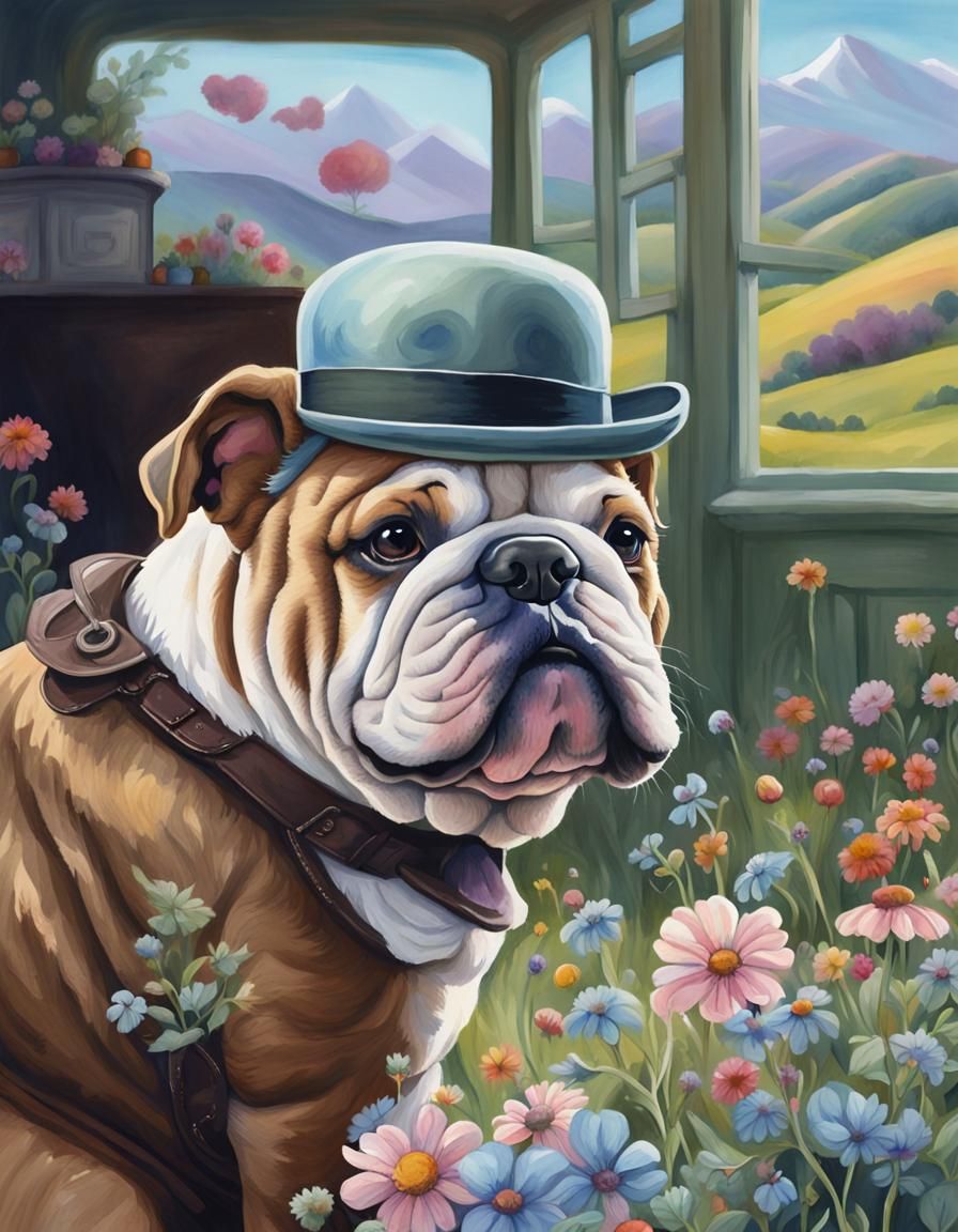 Bulldog Cartoon in Watercolor Countryside Candyland