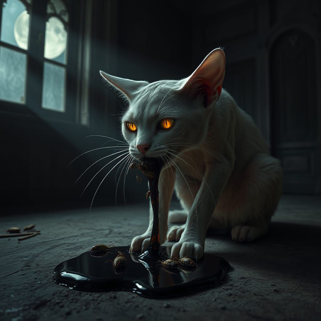 Gaunt Feline Expels Insect Hairball: Gothic Concept Art