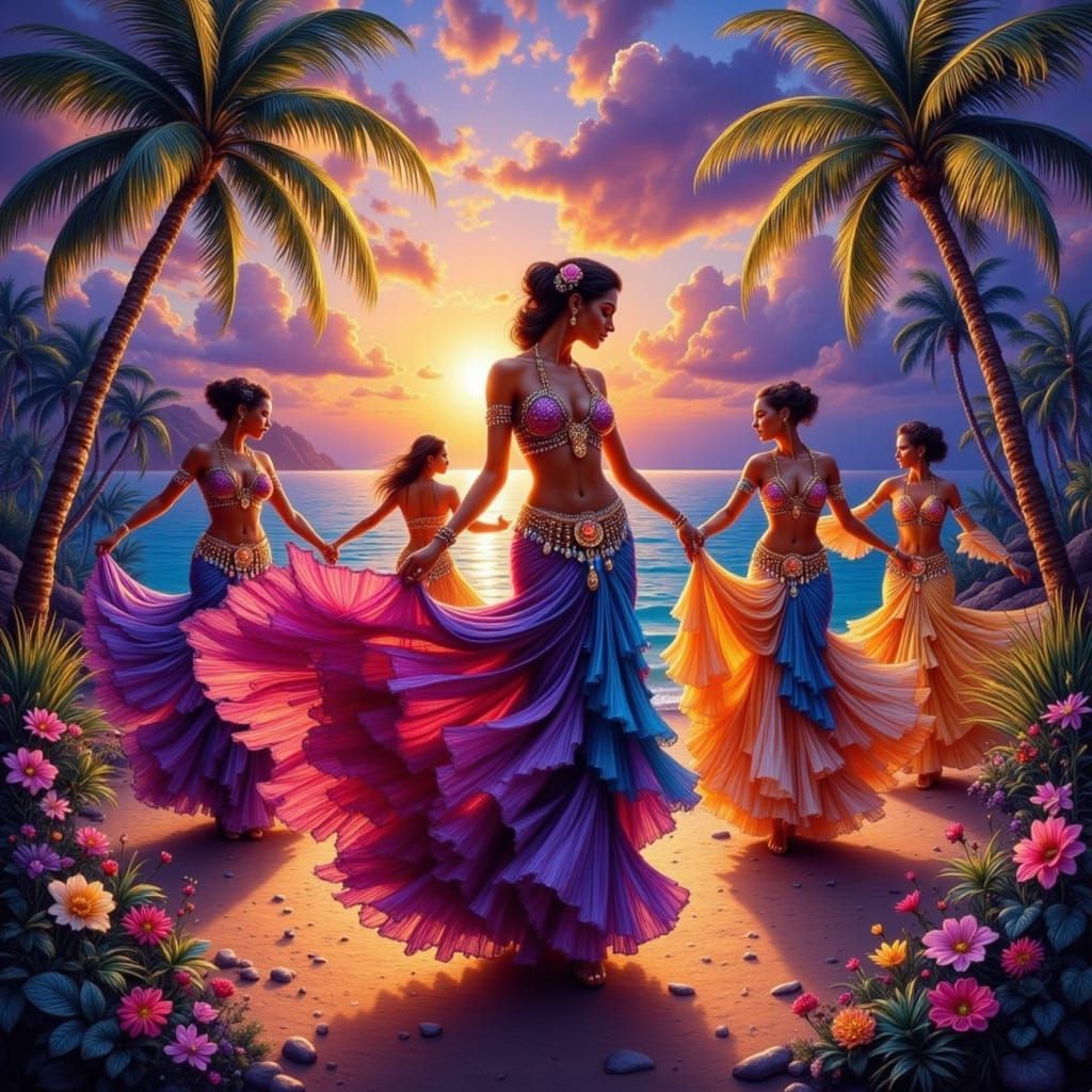 Belly Dancers in Tropical Paradise, Magical Realism Style