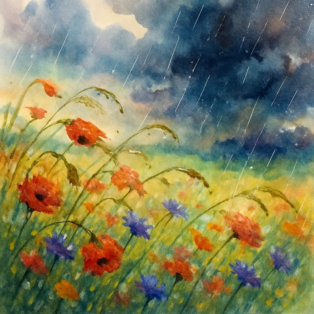Vibrant Wildflowers Bow in Summer Rain, Watercolor