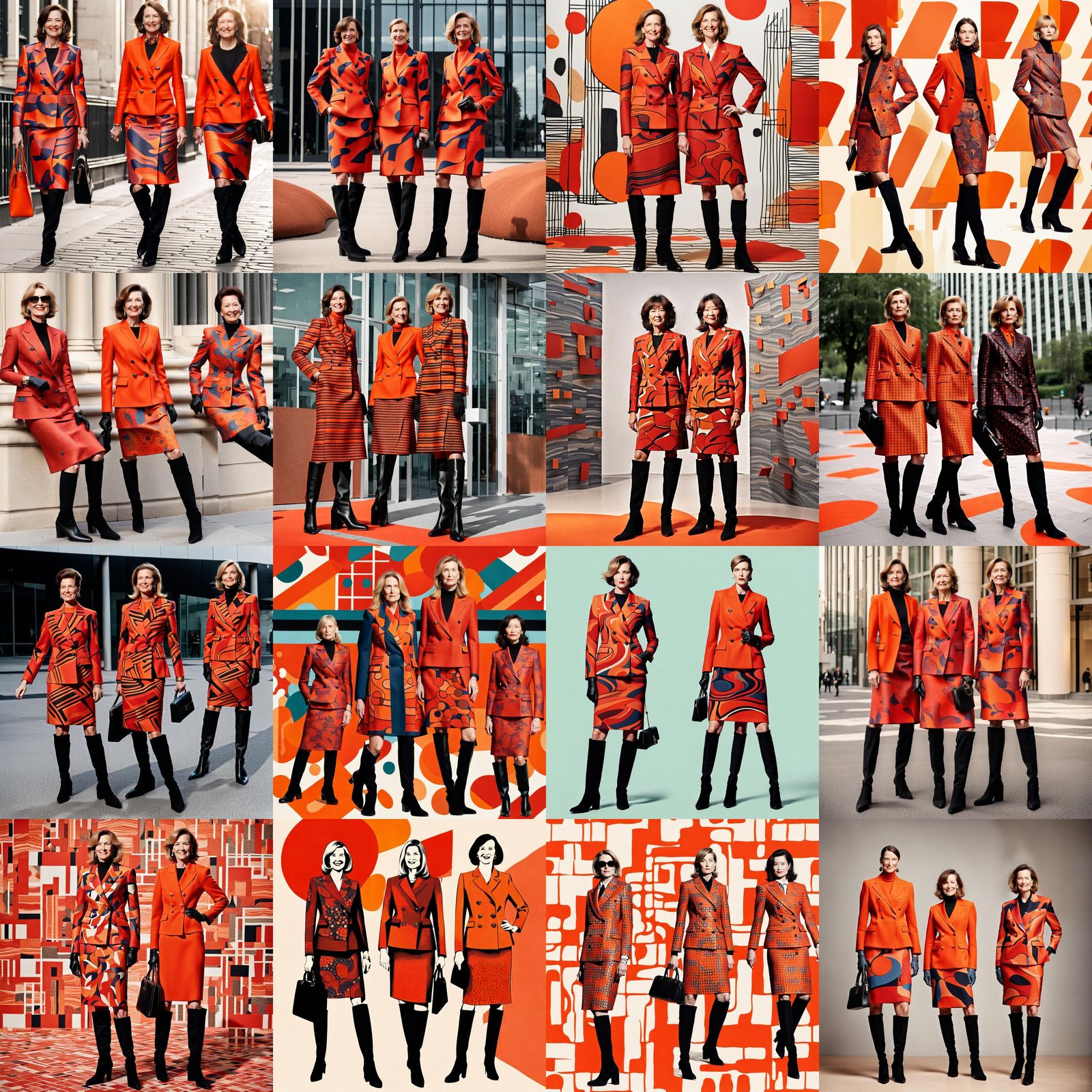 Businesswomen in Red and Orange Abstract Skirt Suits