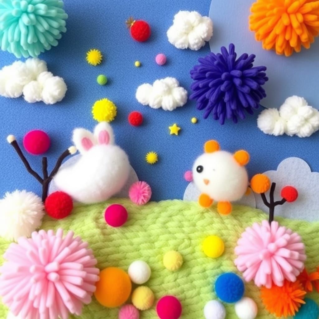 Playful Characters in Colorful Pom Pom Scenes