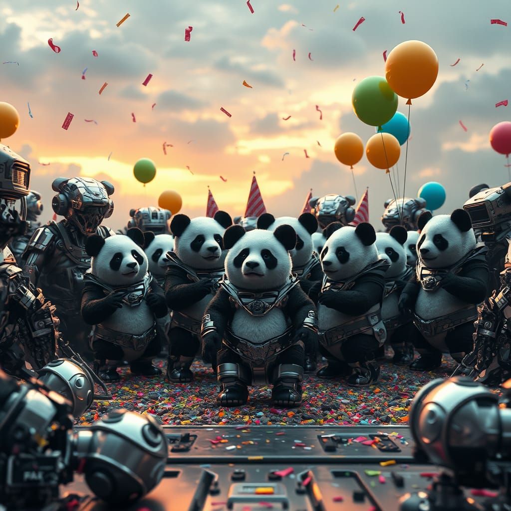 Pandas Celebrate in a Sci-Fi Cityscape