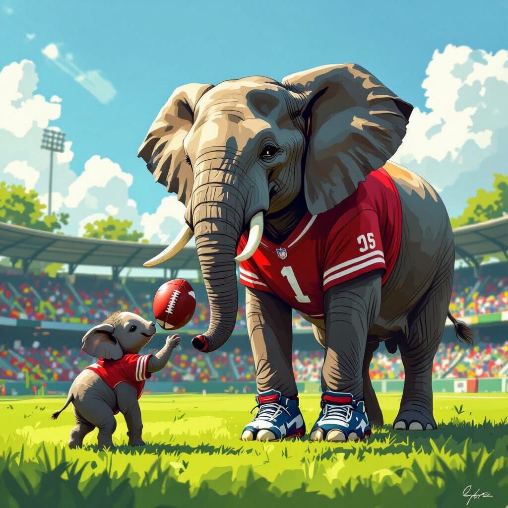 Elephant Plays Football with Son: Digital Art