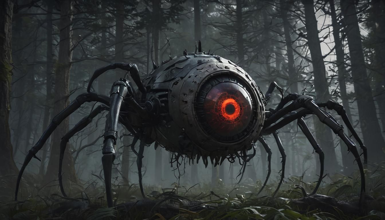 Creepy Mecha Eyeball Monster in Dark Forest