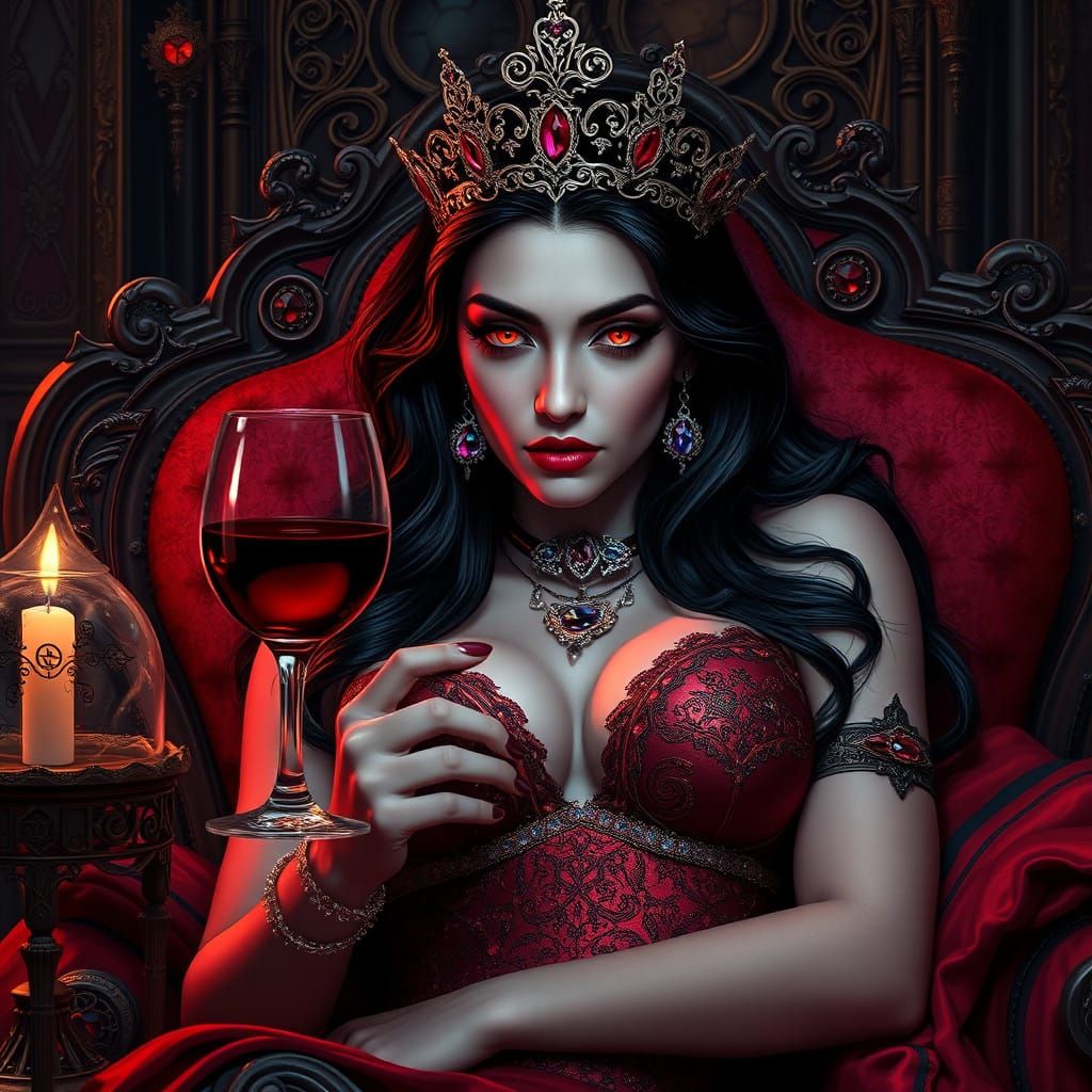 Regal Vampire Queen in Opulent, Gothic-Inspired Lair