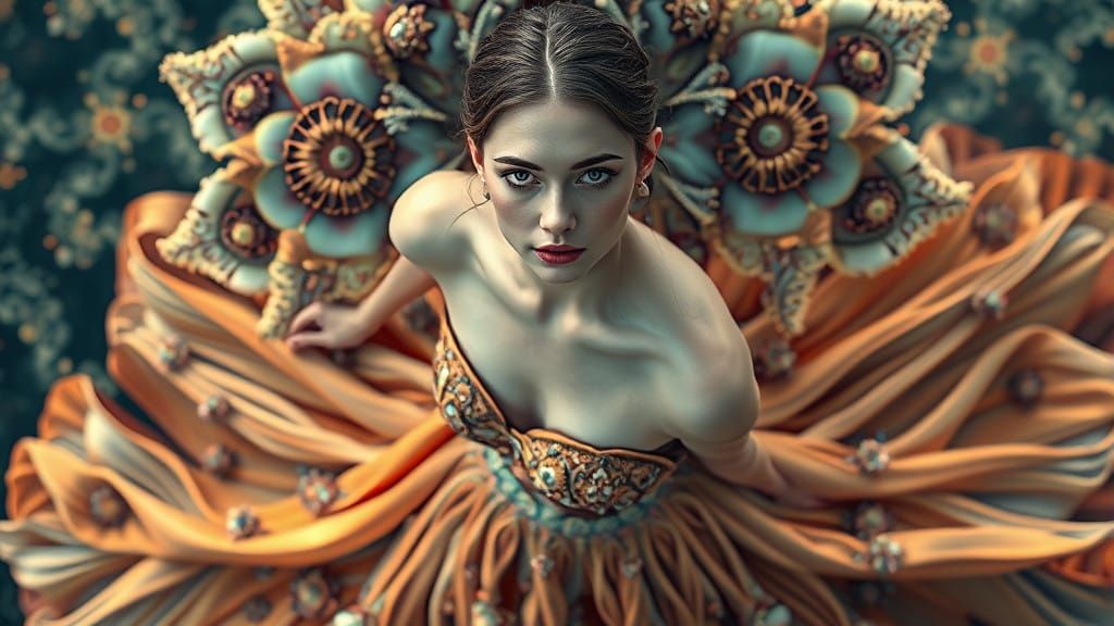 Woman in Mandelbrot Gown Surrounded by Fractal Flowers in Ae...
