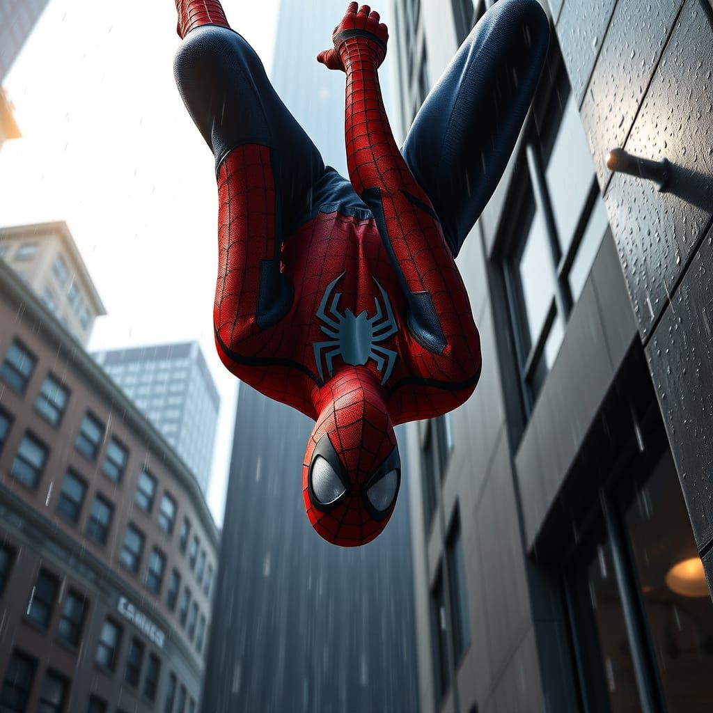 Spiderman Hanging from Webbing in Rain