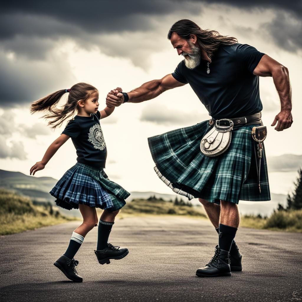 Man and Girl Dancing in Kilts, Hyperrealistic Style