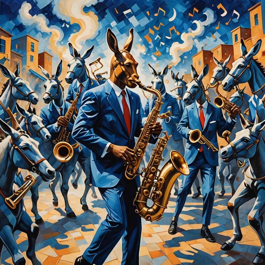 Hepcat Sax man blowing blue notes with donkey dancers Joan Miro KAZIMIR MALEVICH