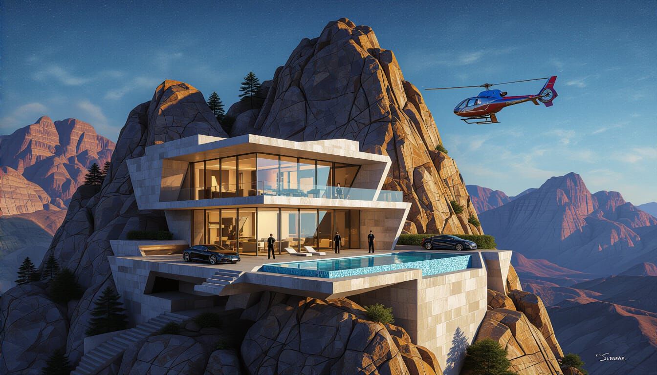 Modern Mountain House with Helicopter, Oil Painting Style