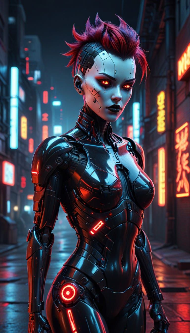 Cyberpunk Pinup: Cyborg Robot in Neon Cityscape