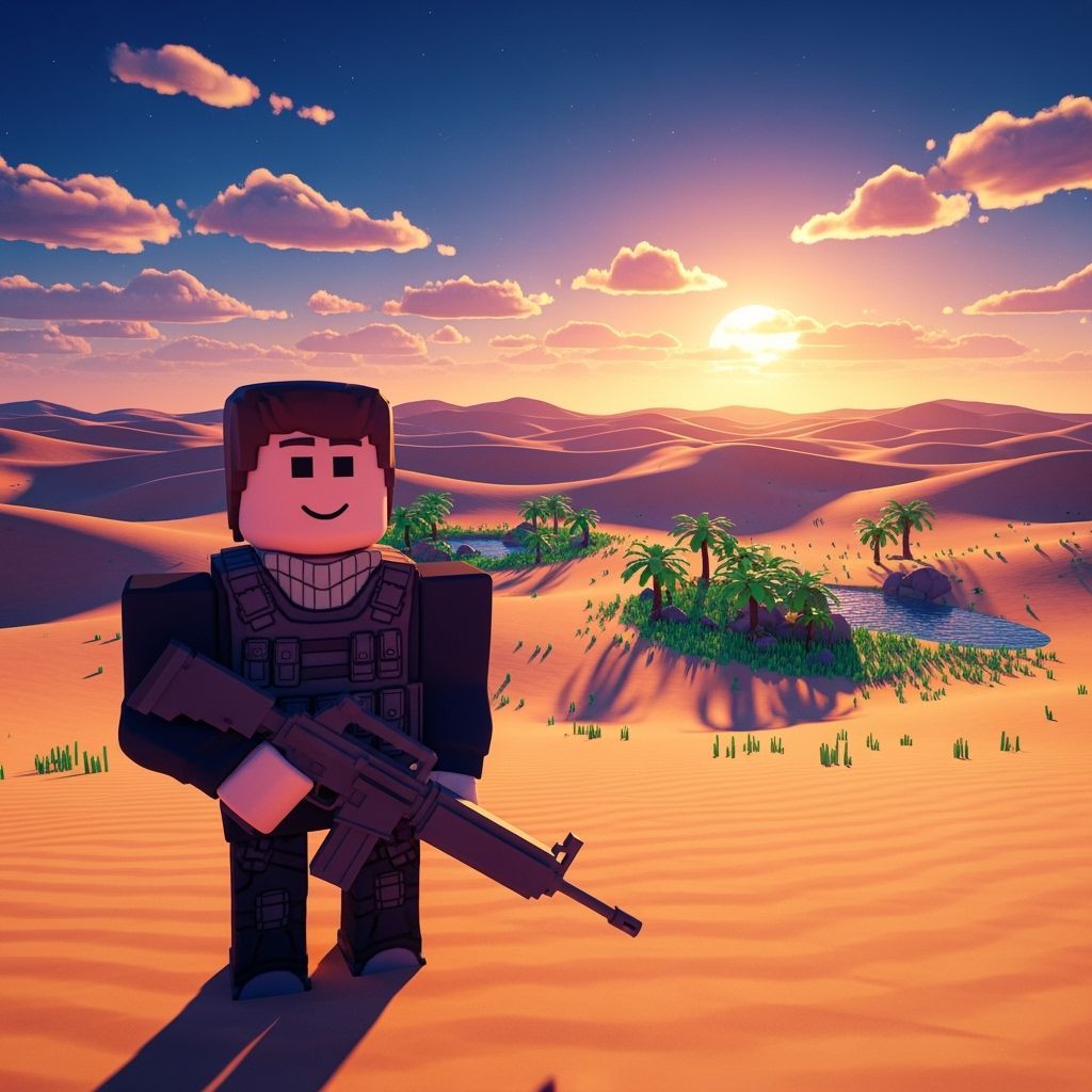 Roblox Character in Desert Landscape, Blocky 3D Style