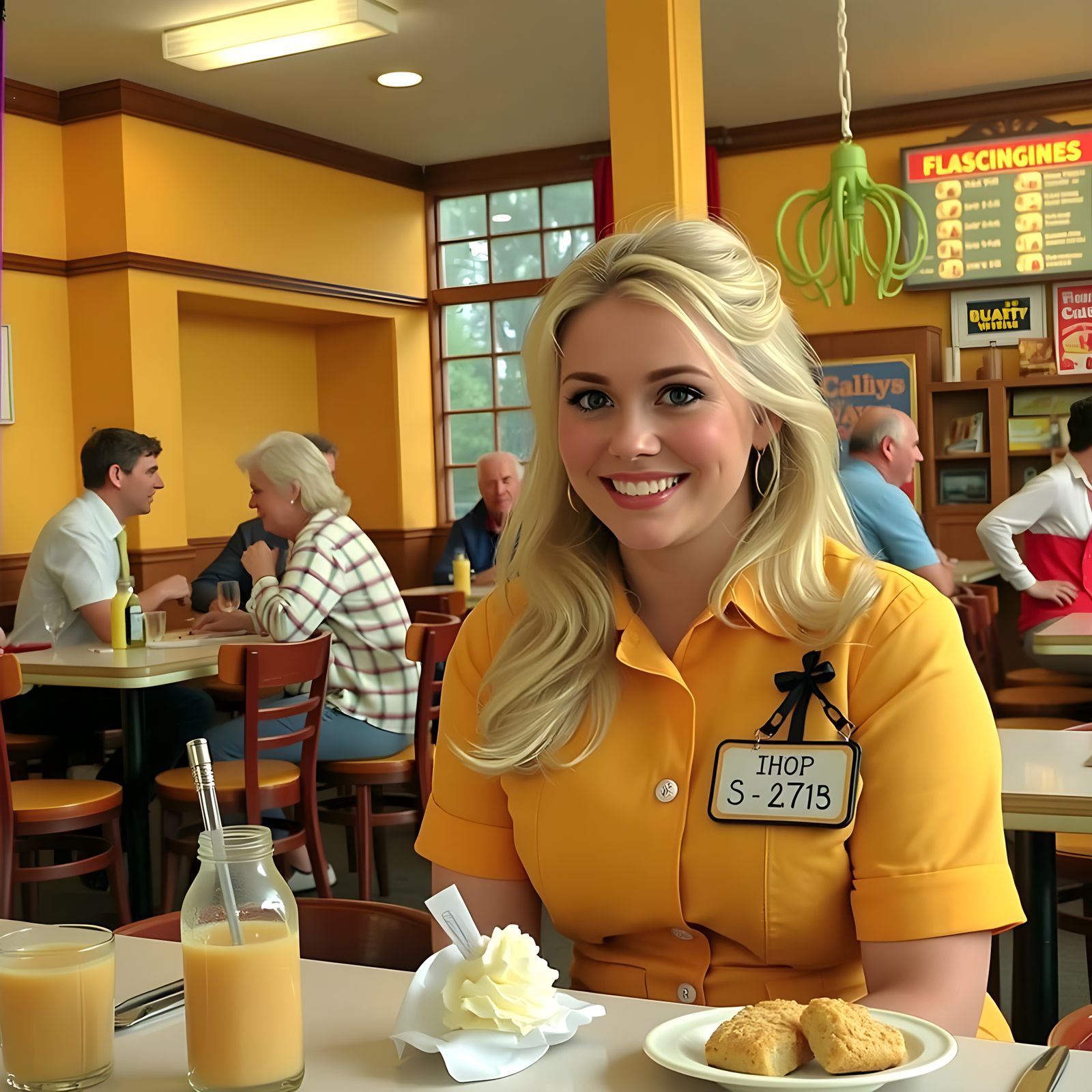 Charming 1970s Waitress in Mustard Yellow Uniform Smiles at ...