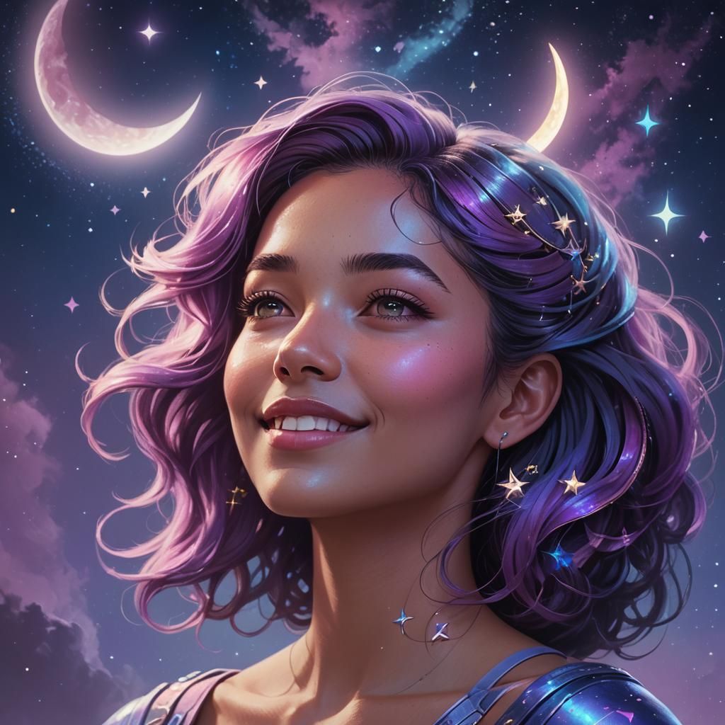 Pastel Futuristic Portrait of Woman with Moon