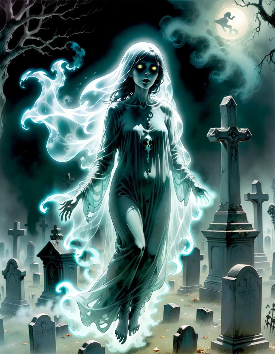 Ethereal Crystal Ghost Floats Over Cemetery