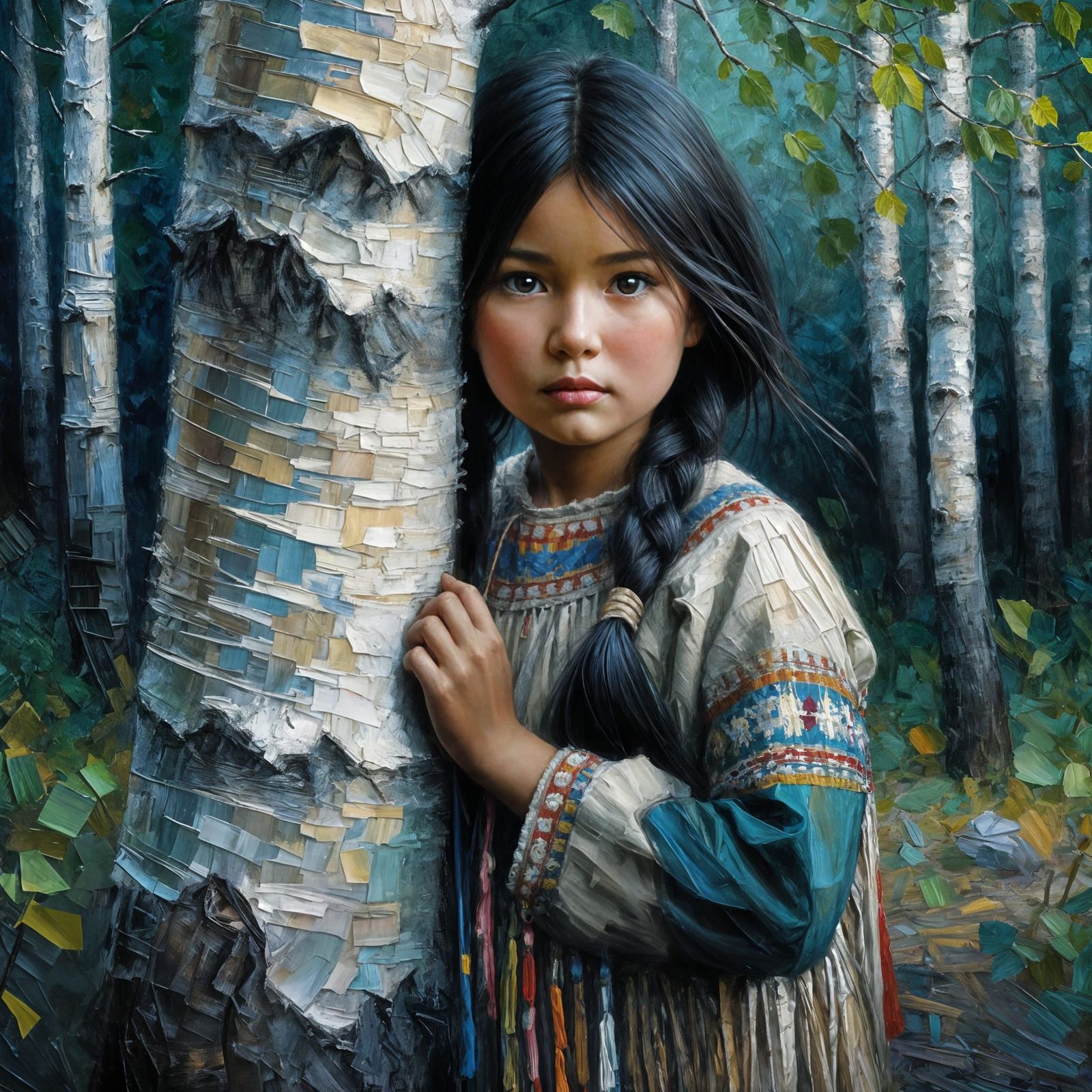 Shy Sioux Girl Peeking From Birch Tree in Twilight