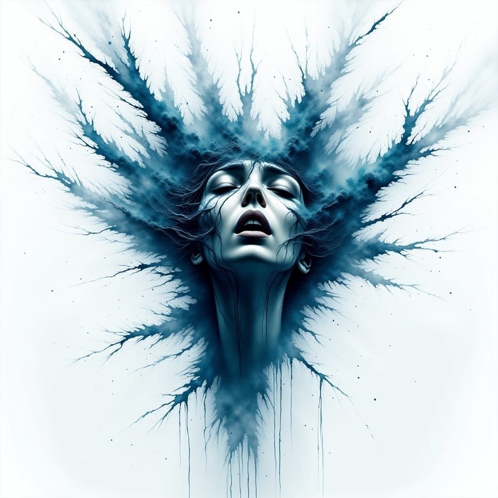 Drowning Woman in Abstract Watercolor Illustration