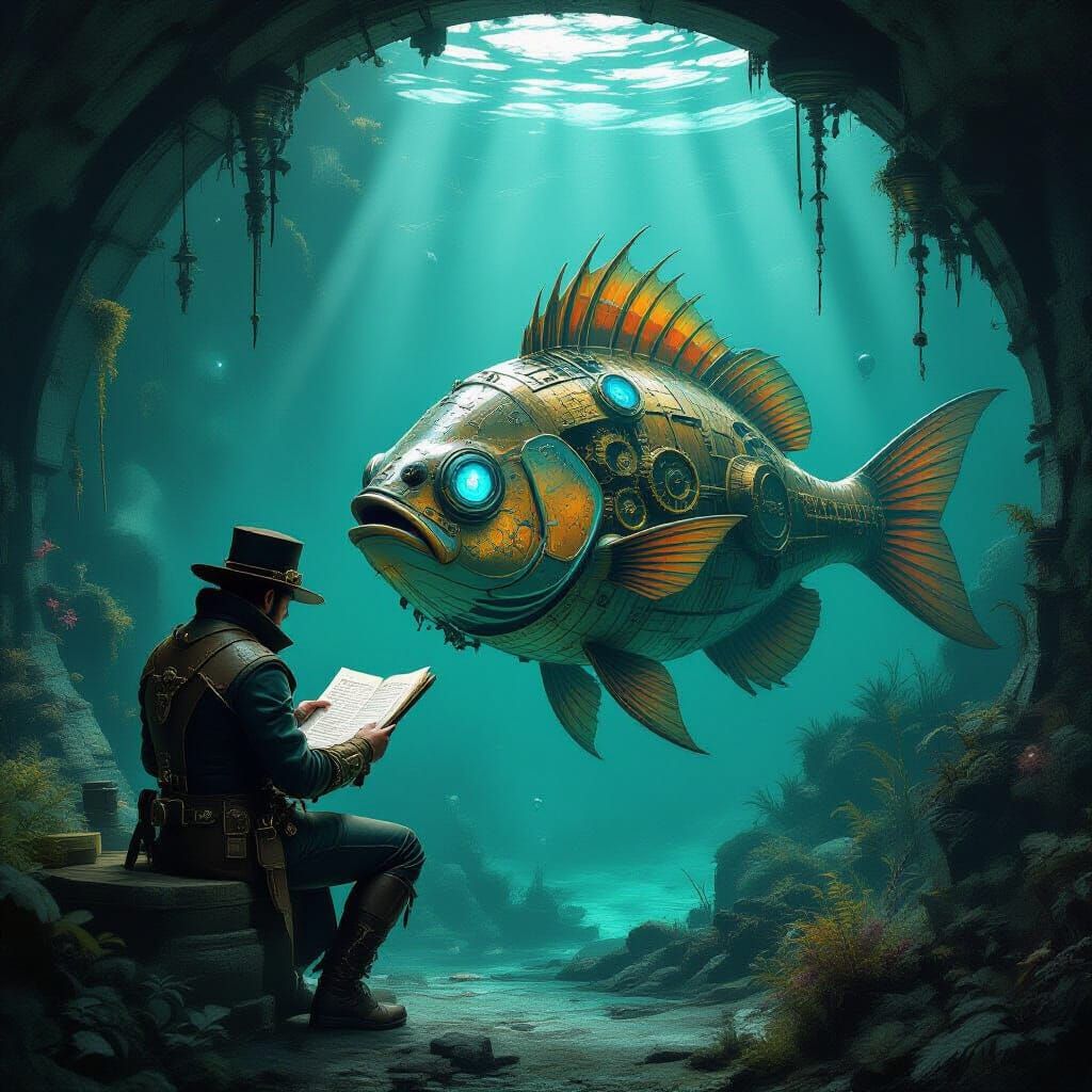Steampunk Ichthyologist and Clockwork Fish in Grotto