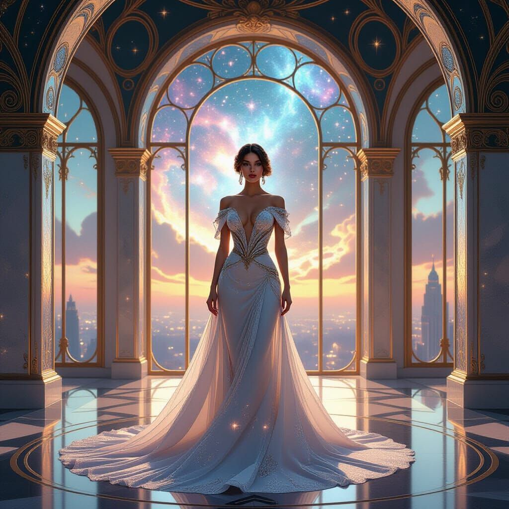 Regal Woman in Celestial Ballroom, Art Nouveau Style