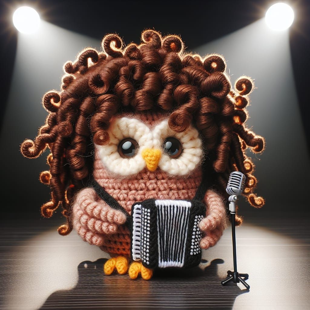 Amigurumi Owl Plays Accordion Under Spotlight