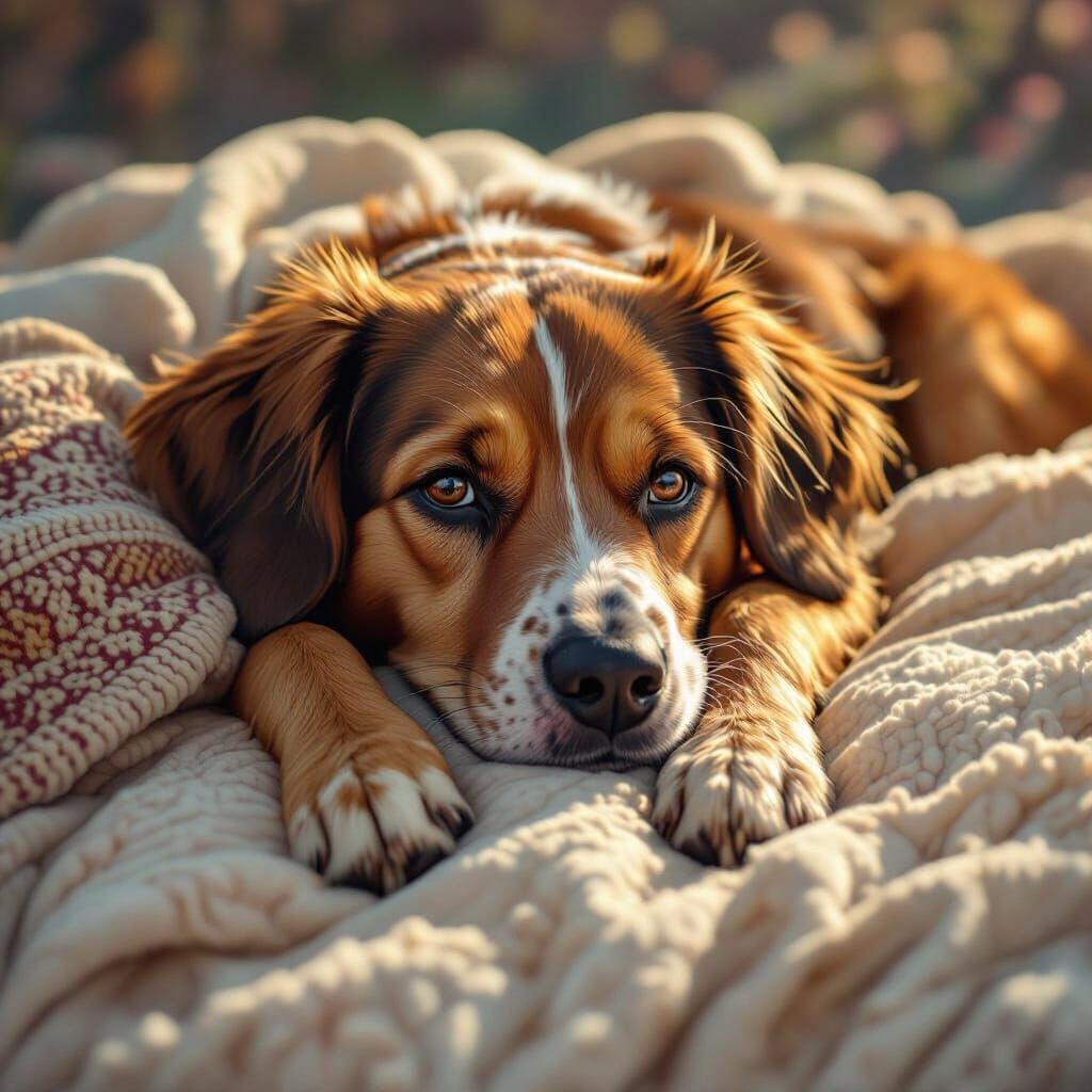 Sorrowful Brown Dog Resting on Owner in Fantasy Art Style