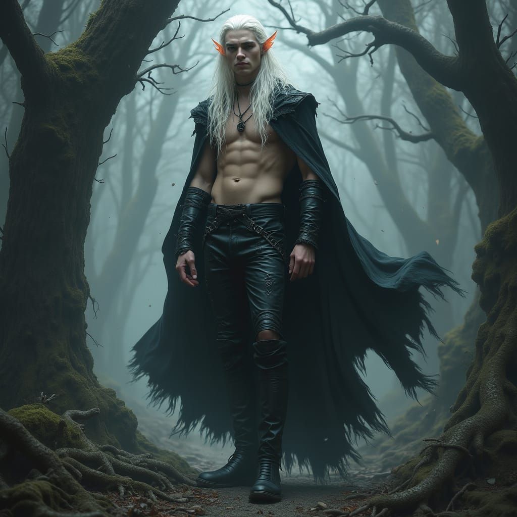 Pale Elf Warrior Stands Against Ancient Forest in Gothic Sty...