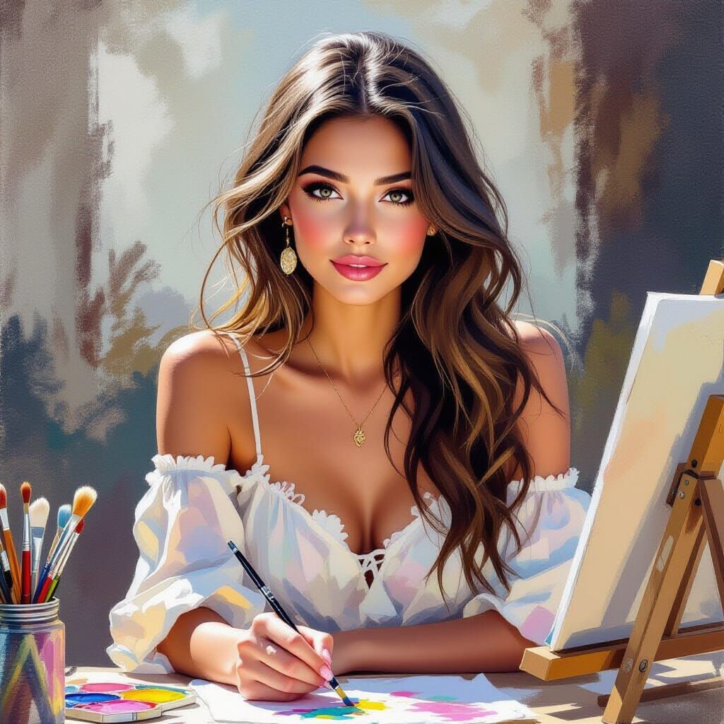 Stunning Young Woman Painting in Gouache Style