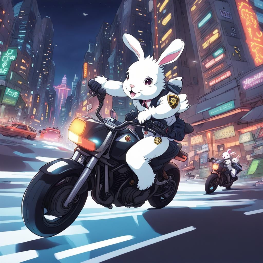 Bunny Motorcycle Chase in Futuristic Anime City