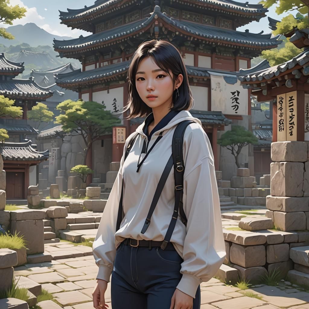 Korean Girl Exploring Heritage Site in 3D Anime Art