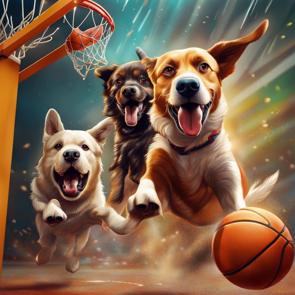 Dogs playing basketball