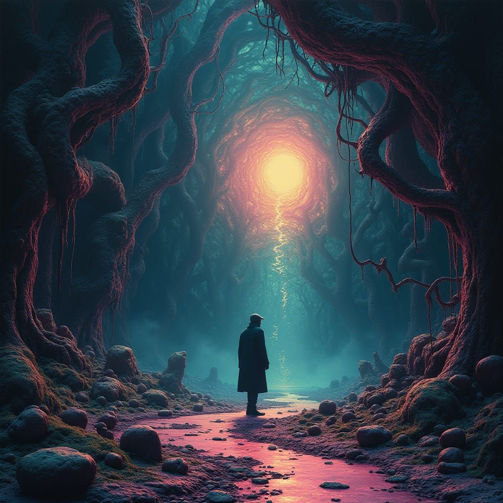 Surreal Mosaic Landscape with Intricate Organic Forms and Bi...