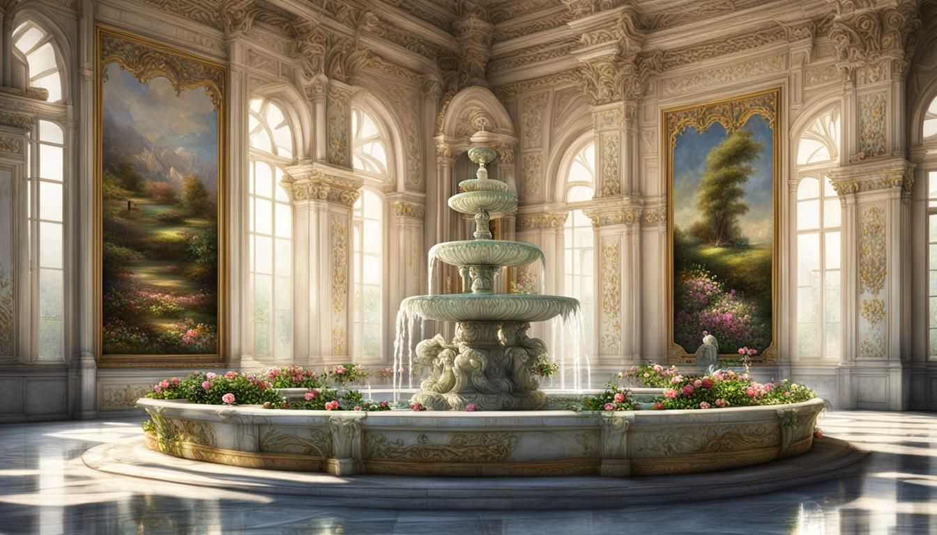 Realistic Palace Interior with Flowers and Fountain