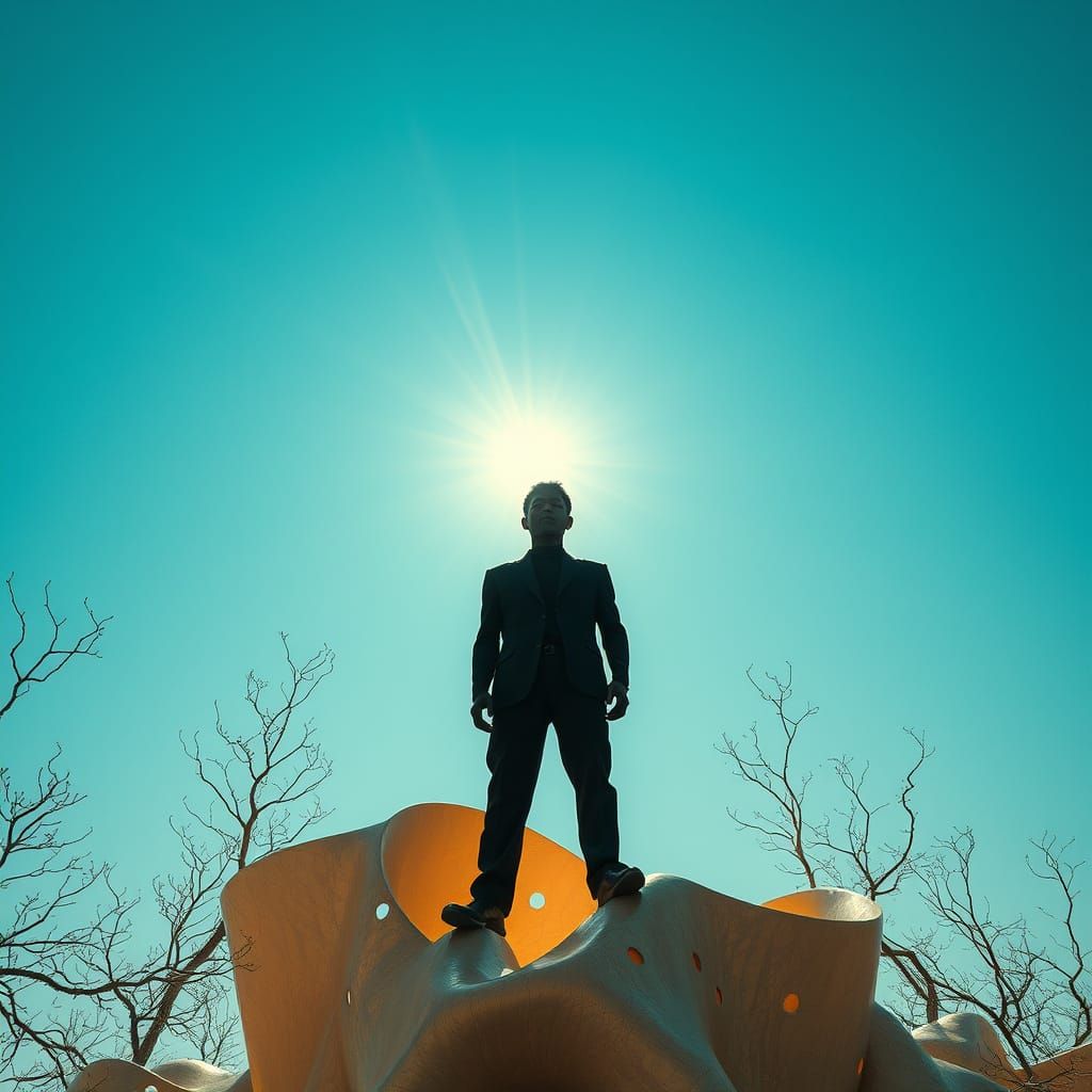 EXQUISITE PHOTOREALISTIC UNPLANNED MAN UNREAL FELLOW, MAN WHO IS BARELY THERE, SURREAL MID SHOT ABSTRACT SCULPTURE STAND...