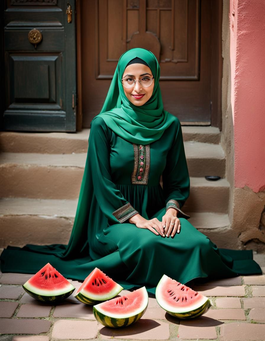Portrait of a Smiling Middle Eastern Woman with Watermelon