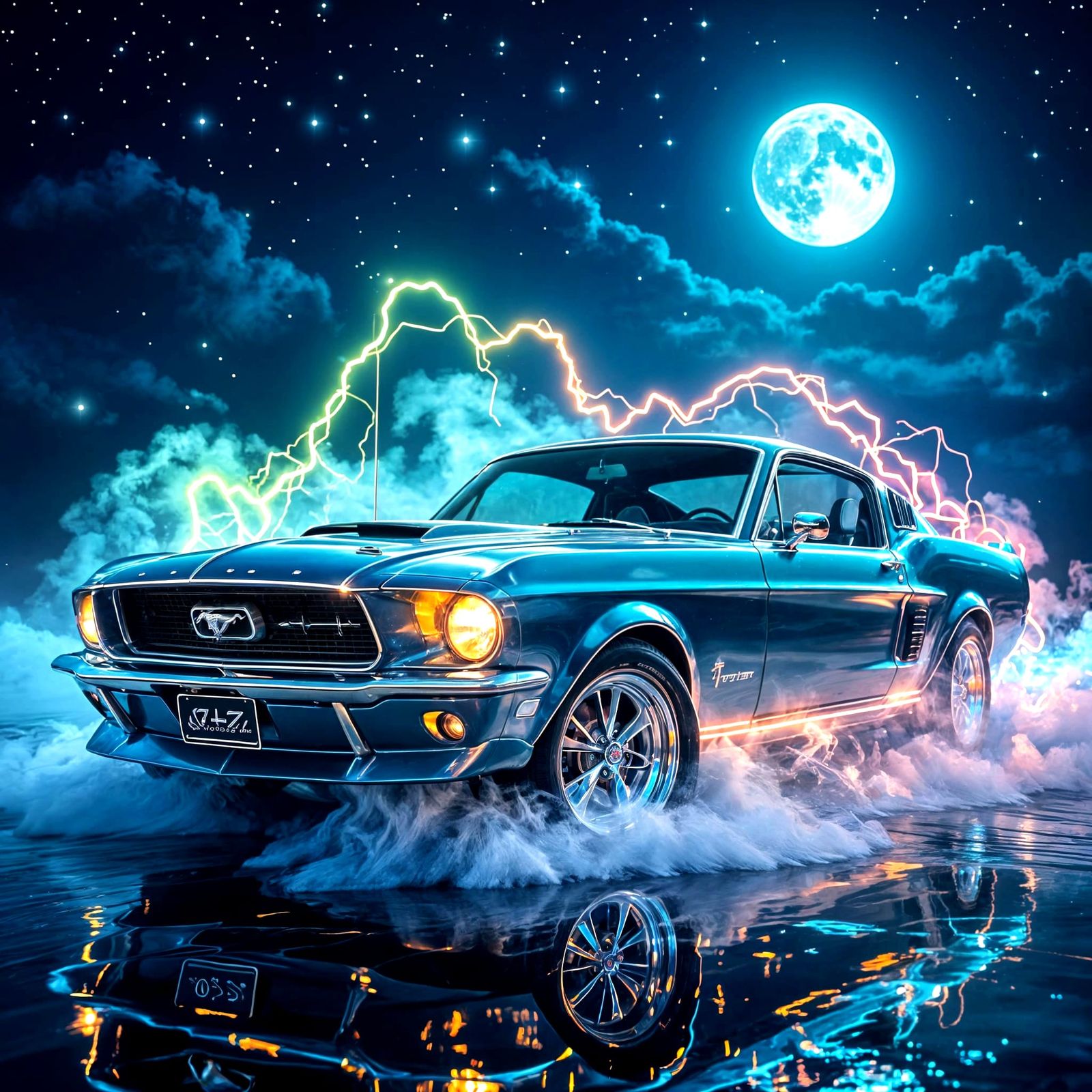 Liquid Ford Mustang Sculpture Under the Moon