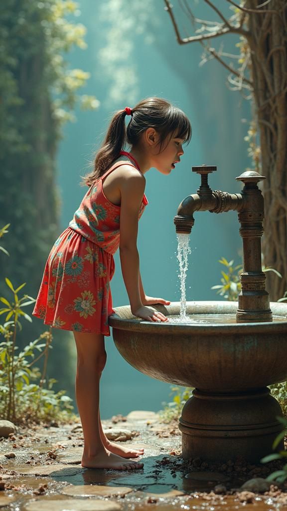 Girl Drinks From Ornate Fountain in Fantasy Art