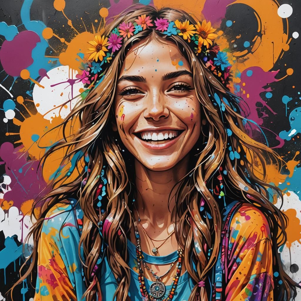 Smiling Hippie Girl in Graffiti Art Style