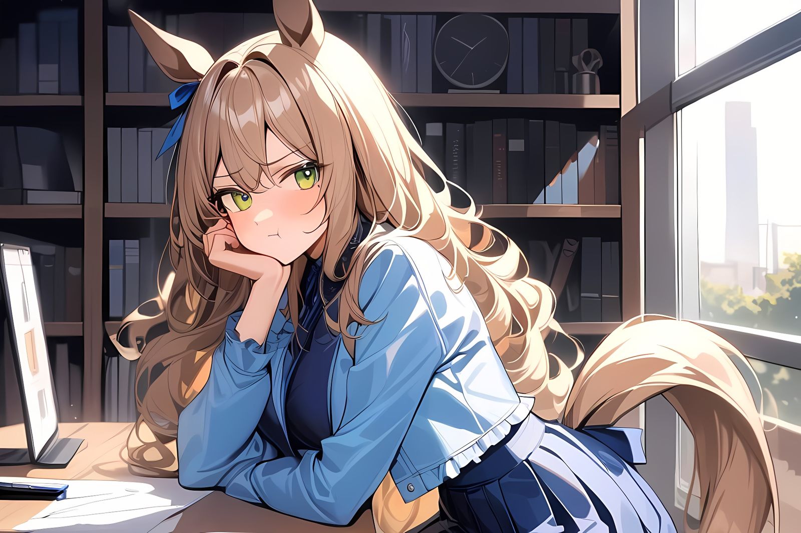 Horse-Girl with Blue Ribbon in Office Setting