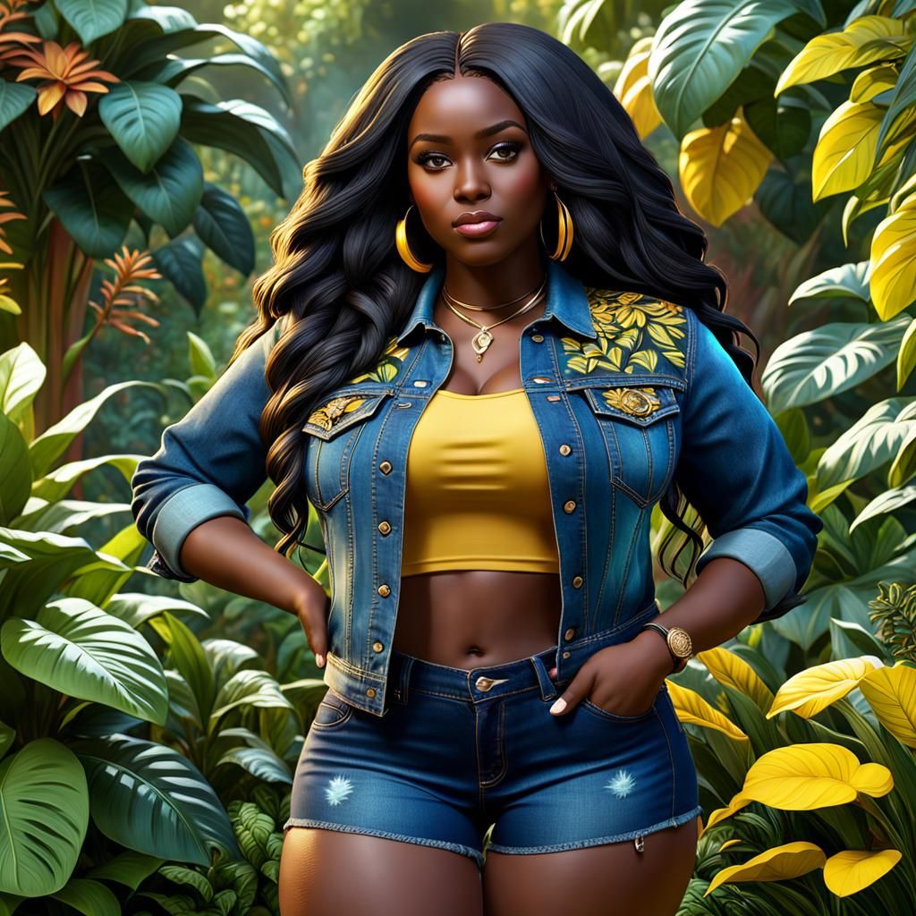 A picture of an African girl, tall, chubby, with long gold and black hair, wearing a yellow shirt and a jean jacket and ...