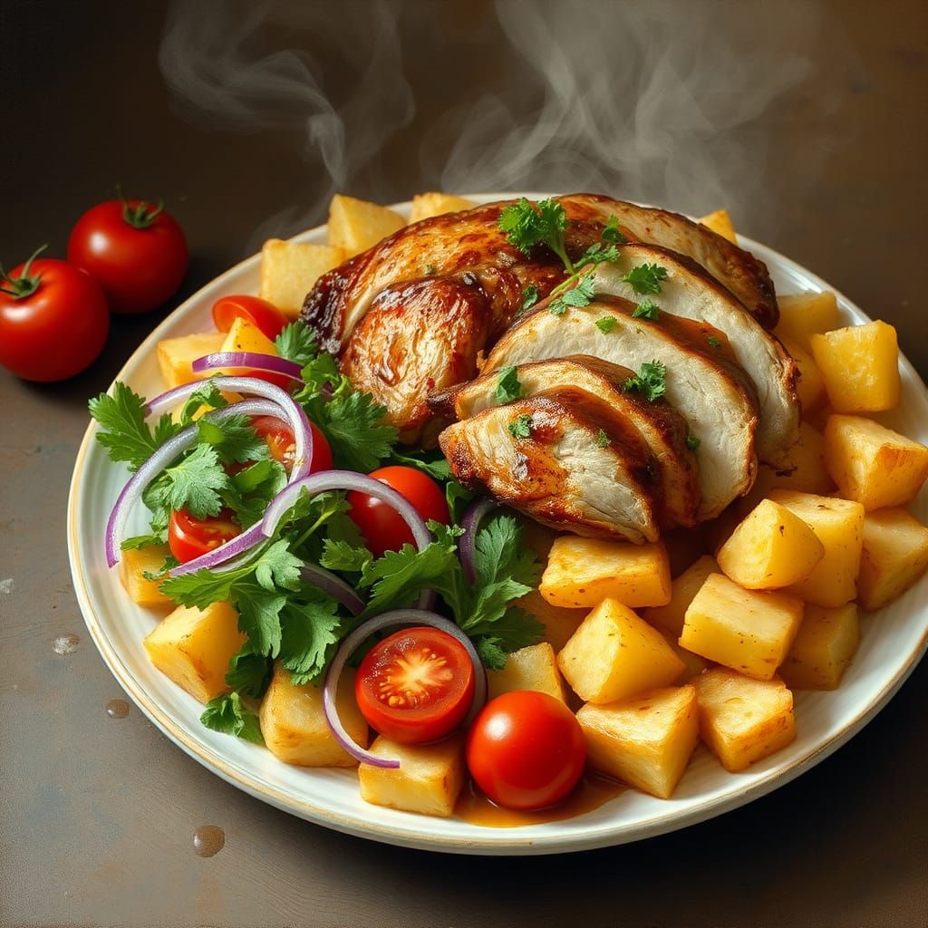 Plate of Potatoes, Salad, and Chicken