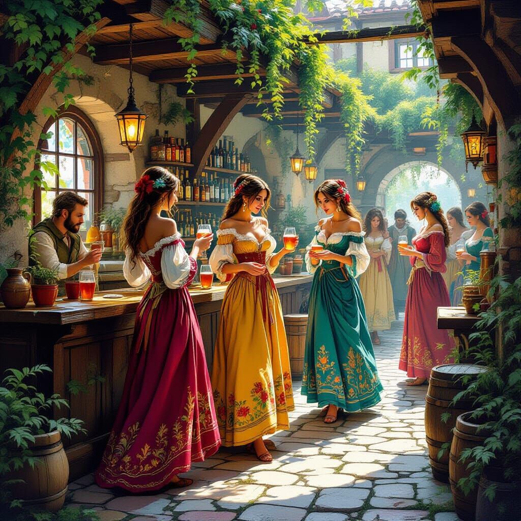 Women Selling Mead in Lush Fantasy Tavern
