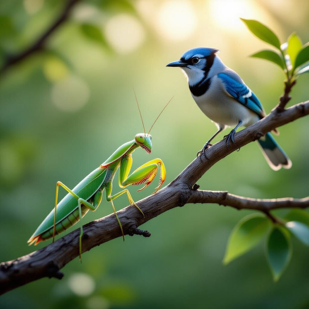 Preying Mantis Impersonates Stick as Bluejay Watches