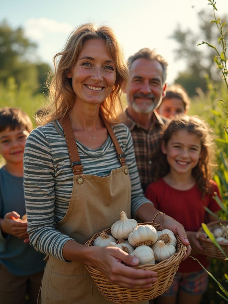 Spanish Couple in Vegetable Garden with Children