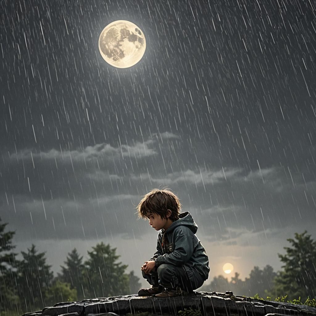 Gremlin in the Rain Under Full Moon