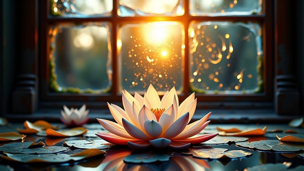 Glittering Lotus Reflected Through Broken Glass in Impasto