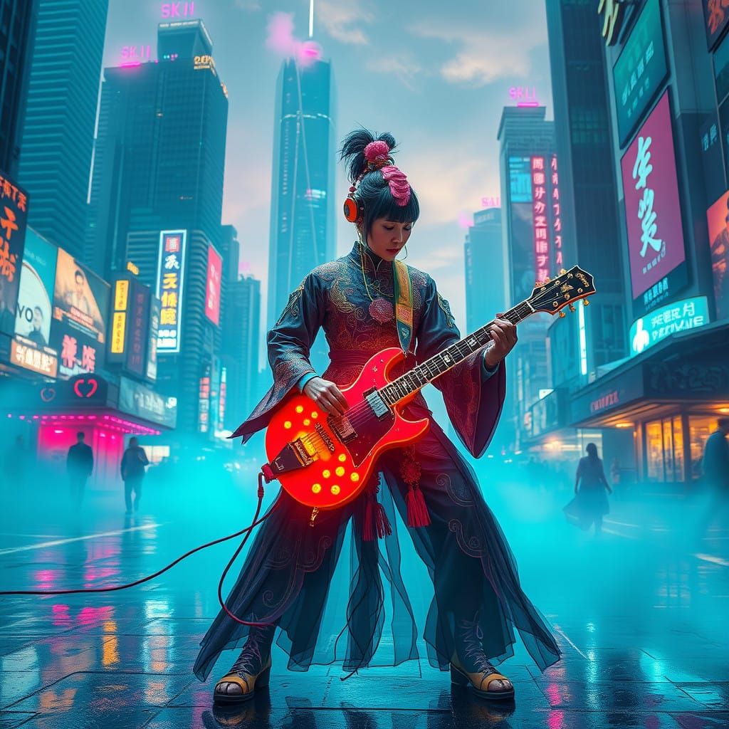 Cyberpunk Guitarist in Hanfu: A Futuristic Fusion of East an...