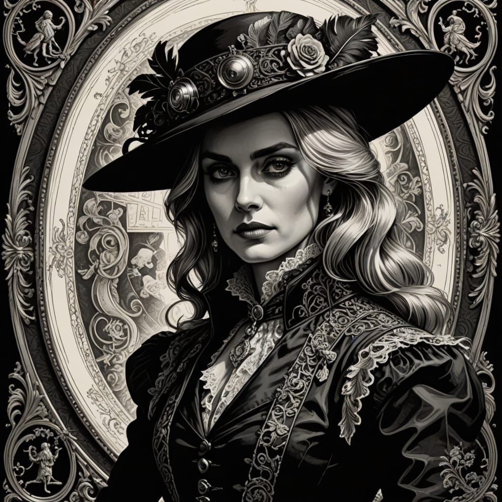 Baroque Spy Femme Fatale in Pen and Ink Style