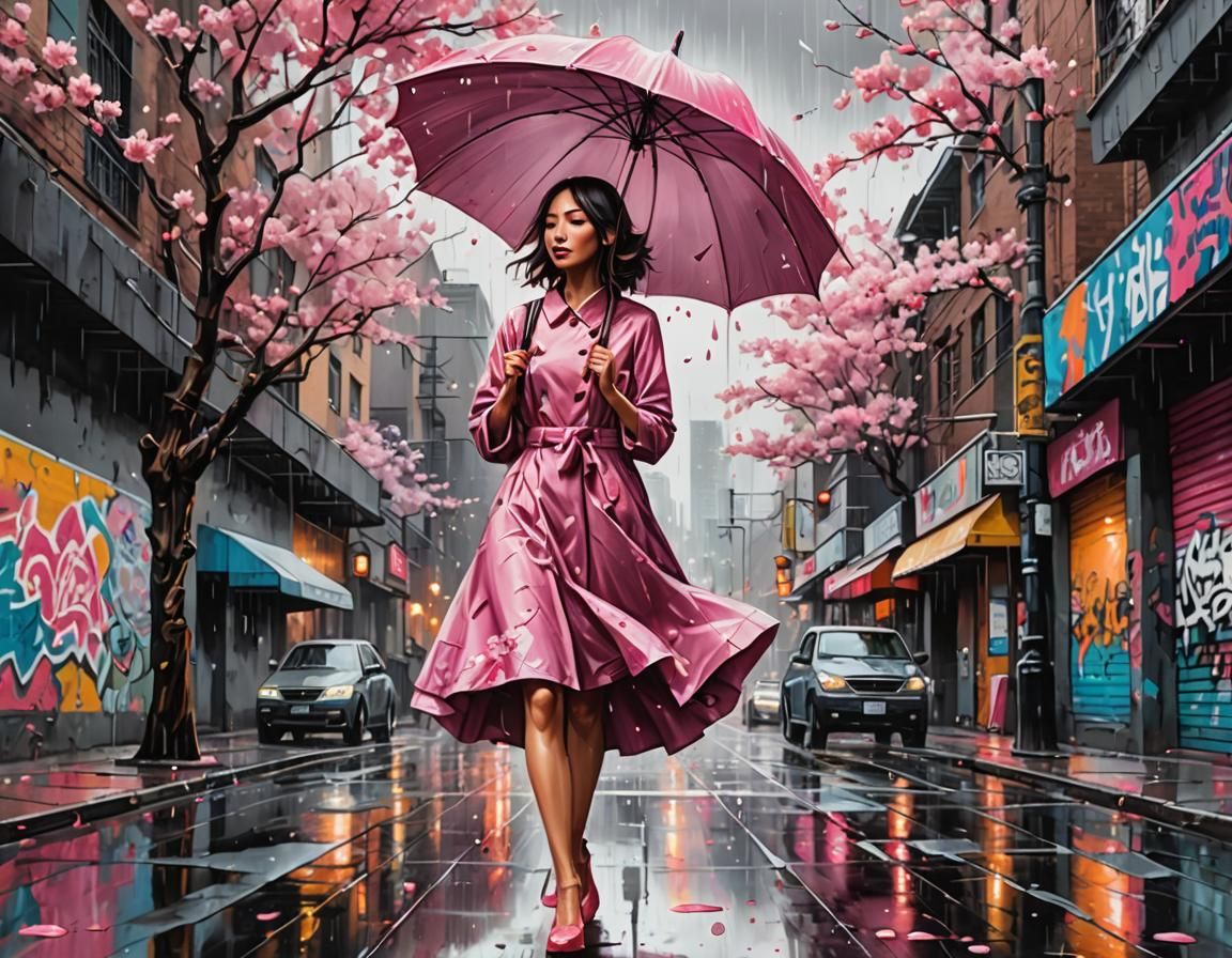 Pink Cherry Blossoms in Rainy Graffiti City
