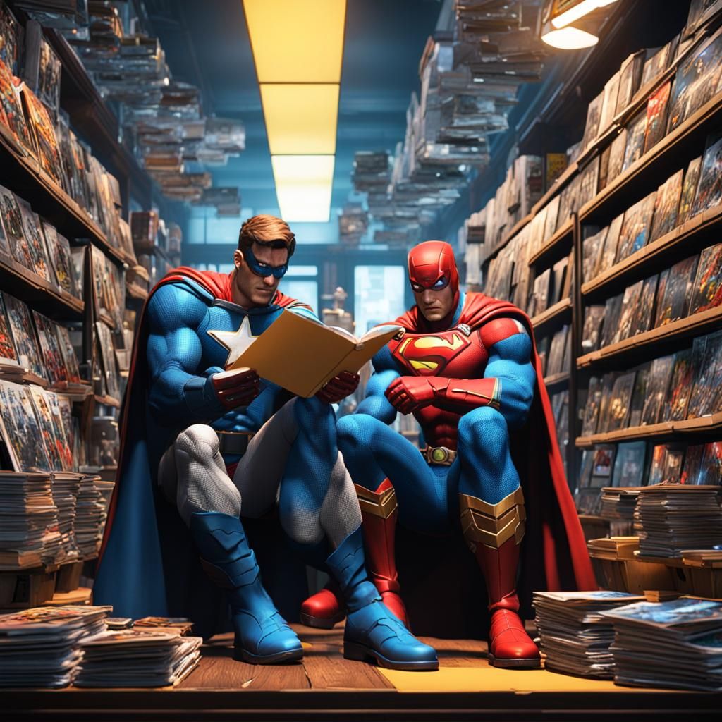 Superheroes Reading Comics in a Comic Book Store